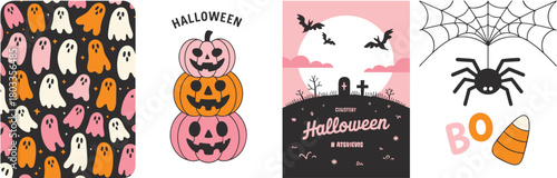 Set of minimalist Halloween posters with ghosts, pumpkins, spider and candy, spooky holiday design in modern pink orange black style