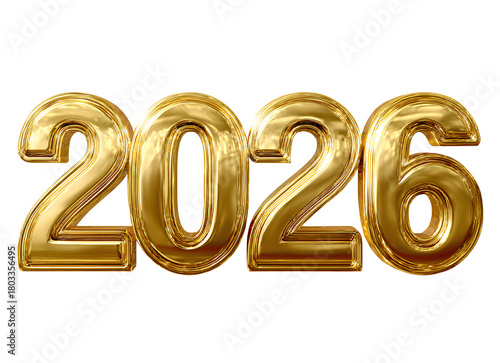 A shiny golden 3D metal icon displays the number 2026, a symbolic sign for the New Year celebration and business sale