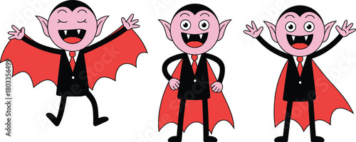 Set of cute cartoon vampire characters in different poses, fun Halloween illustration featuring smiling fanged monsters with red capes