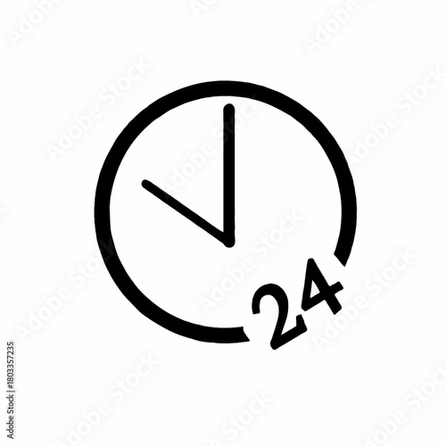 Illustration of a black clock with hands indicating time and the number twenty four next to it