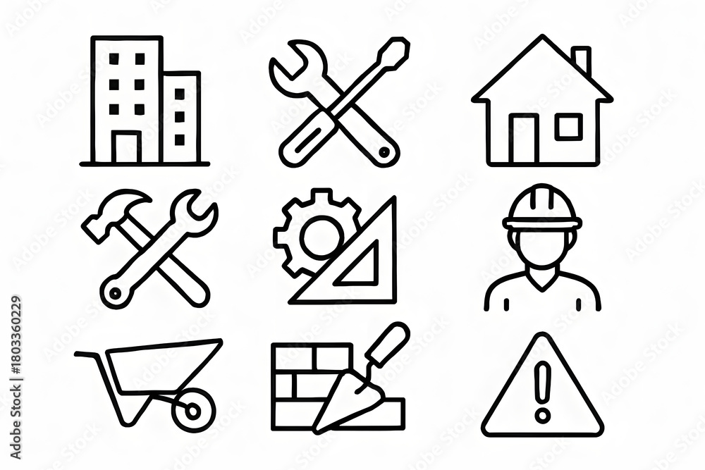 Fototapeta premium Building Icons: A collection of meticulously crafted building icons, each embodying the essence of construction and architectural design.