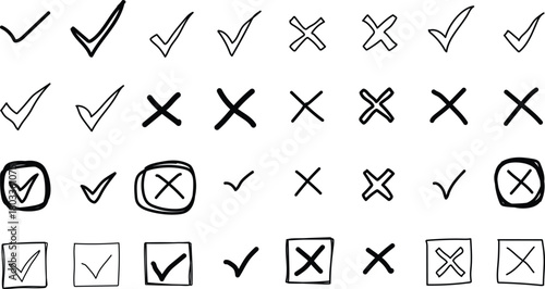 Hand drawn checkmarks and crosses in rows isolated on white background
