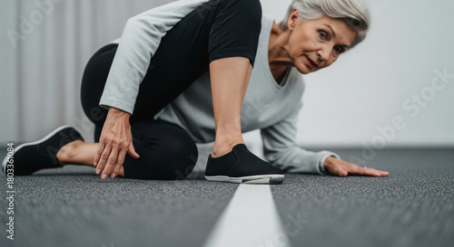 Agile senior woman with short grey hair performs a challenging floor stretch, maintaining an active lifestyle and physical fitness in her golden years