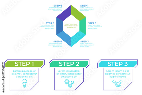 Infographic illustrating six-step process with colorful sections defining each step. Each step clearly labeled and including descriptive text for clarity in understanding