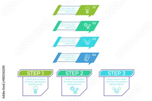 Infographic showcasing four distinct steps in workflow process. Each step clearly labeled with icons and easy to understand descriptions. Layout using bright colors to enhance clarity