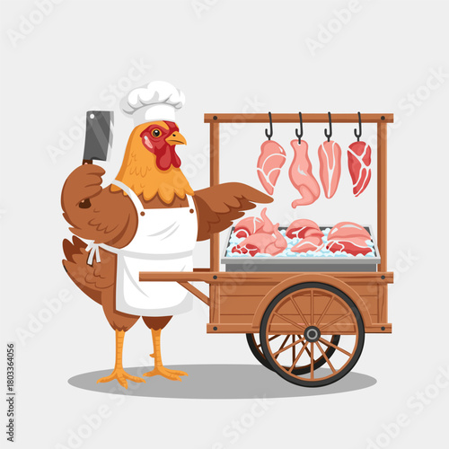 Cartoon butcher chicken holding a cleaver next to a meat stall display.