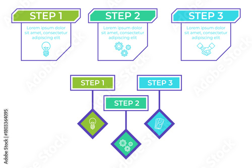 Infographic presenting clear set of three steps to successfully complete project. Each step visually highlighted, guiding viewers through process efficiently