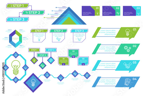 Infographic set containing various designs illustrating step-by-step process. Each section using different shapes and colors to organize information clearly, suitable for presentations