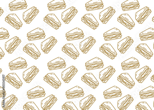 Seamless sandwich pattern featuring hand-drawn line art illustrations of layered sandwiches. The doodle-style outline gives a simple, clean, and playful look. Brown line and white background