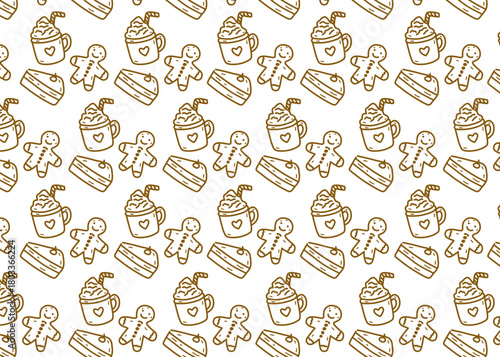 Seamless dessert pattern hand-drawn illustrations of gingerbread cookies, whipped-cream hot drinks, and cake slices. The doodle line art style creates a festive look, holiday, white background