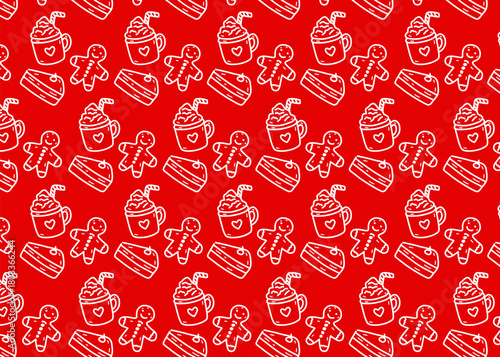 Seamless dessert pattern hand-drawn illustrations of gingerbread cookies, whipped-cream hot drinks, and cake slices. The doodle line art style creates a festive look, holiday, red background