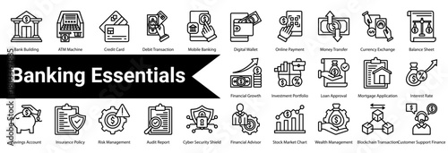 Banking Essentials  icon sheet and collection containing: bank building, atm machine, credit card, debit transaction, mobile banking, digital wallet, online payment, money transfer, currency exchange
