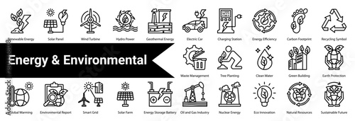 Energy & Environmental  icon sheet and collection containing: renewable energy, solar panel, wind turbine, hydro power, geothermal energy, electric car, charging station, energy efficiency