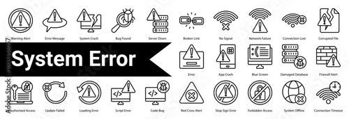 System Error  icon sheet and collection containing: warning alert, error message, system crash, bug found, server down, broken link, no signal, network failure, connection lost