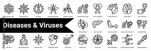 Diseases & Viruses  icon sheet and collection containing:  coronavirus cell, influenza virus, hiv virus, dengue mosquito, malaria parasite, tuberculosis lungs, cancer ribbon