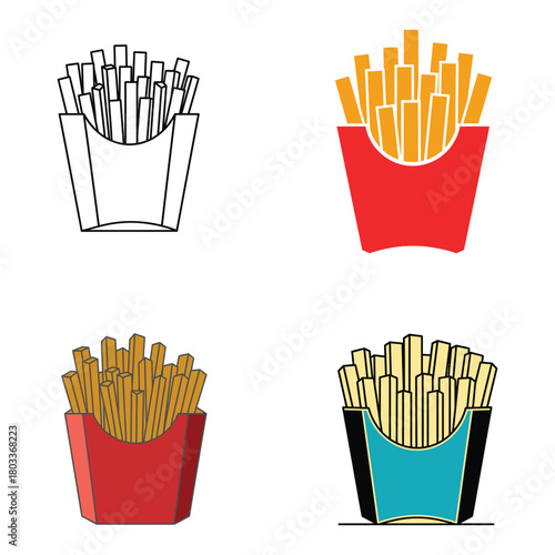 Four stylized illustrations of french fries in red and blue containers, one outline drawing on a white background, fast food concept