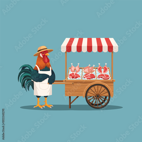 Cartoon rooster butcher wearing an apron and hat standing by a food cart selling meat on ice.