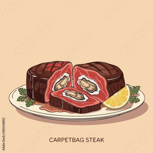 Gourmet carpetbag steak illustration featuring a juicy beef fillet filled with briny oysters, garnished with parsley and a lemon wedge