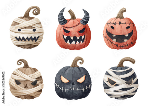 Adobe IllustraWatercolor Halloween Clipart Collection of Spooky Jack-o'-Lanterns with Mummy Wraps, Devil Horns, Stitches, and Candy Cane Stripes Designstor Artwork