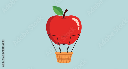 Whimsical journey with a red apple hot air balloon, soaring into imagination and adventure, perfect for children's stories and playful designs
