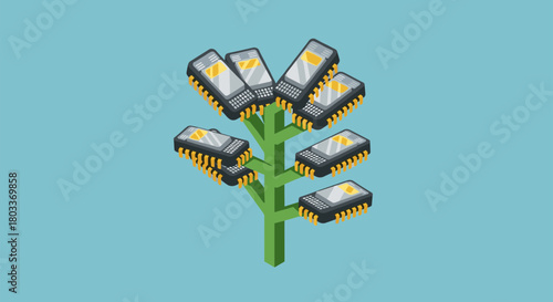 Growing technology concept showing a tree with computer chips as leaves, symbolizing innovation and tech growth in a digital world, originally vector graphics