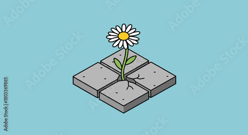 Resilient daisy blooming through cracked concrete symbolizes hope and overcoming obstacles, a modern symbol of strength and perseverance in challenging times