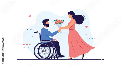 A man in a wheelchair offers a bouquet of flowers to a woman who is standing.
