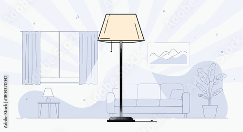 An abstract illustration of a floor lamp in a room with stylized furniture and background elements.