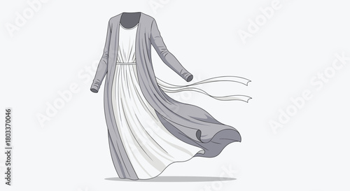 Elegant long gray abaya and white inner dress ensemble for modest fashion.