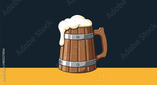 A wooden mug filled with foamy beer sits on a yellow surface against a dark background.