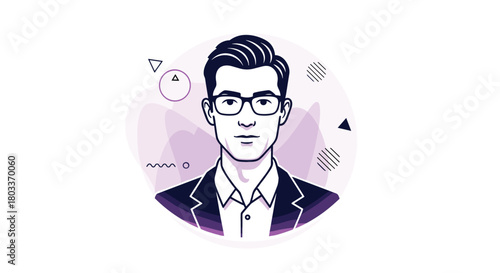 A stylishly dressed young man with glasses is looking directly at the viewer with a serious expression in a professional portrait.