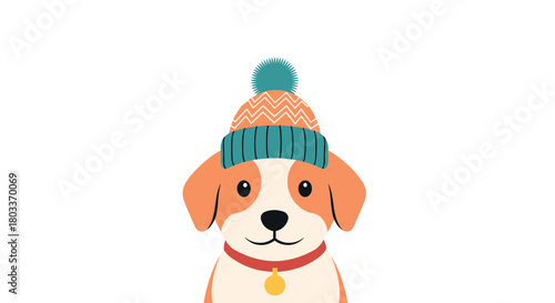 A cute dog wearing a warm winter hat with a pom-pom is looking forward curiously.