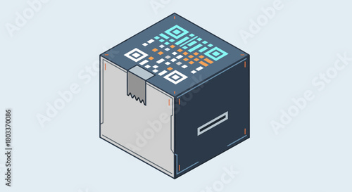 Scan to reveal the mystery inside this modern package, a unique isometric cube with a QR code ready for delivery and a tech touch