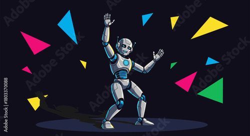 Cheerful robot dances amidst vibrant geometric shapes, showcasing futuristic fun and technological advancement, ideal for tech blogs or creative projects