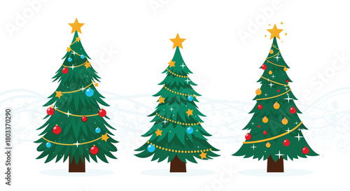 Three beautifully decorated christmas trees with ornaments and lights on a snowy background.