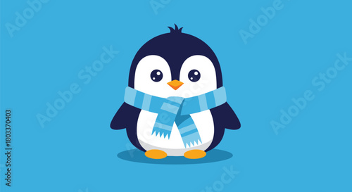 A cute cartoon penguin wearing a cozy blue scarf on a solid blue background.