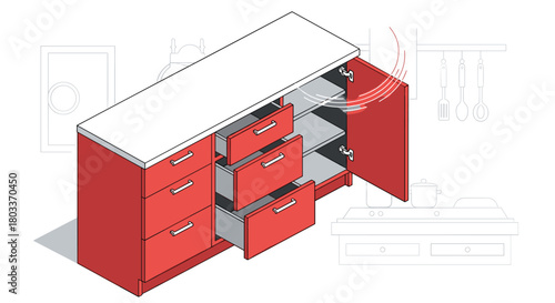 Modern red sideboard with drawers and cabinet doors offering ample storage solutions for your home.