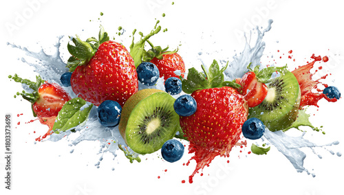 Wallpaper Mural Fresh fruit splash, vibrant colors of strawberries, blueberries, and kiwi Torontodigital.ca