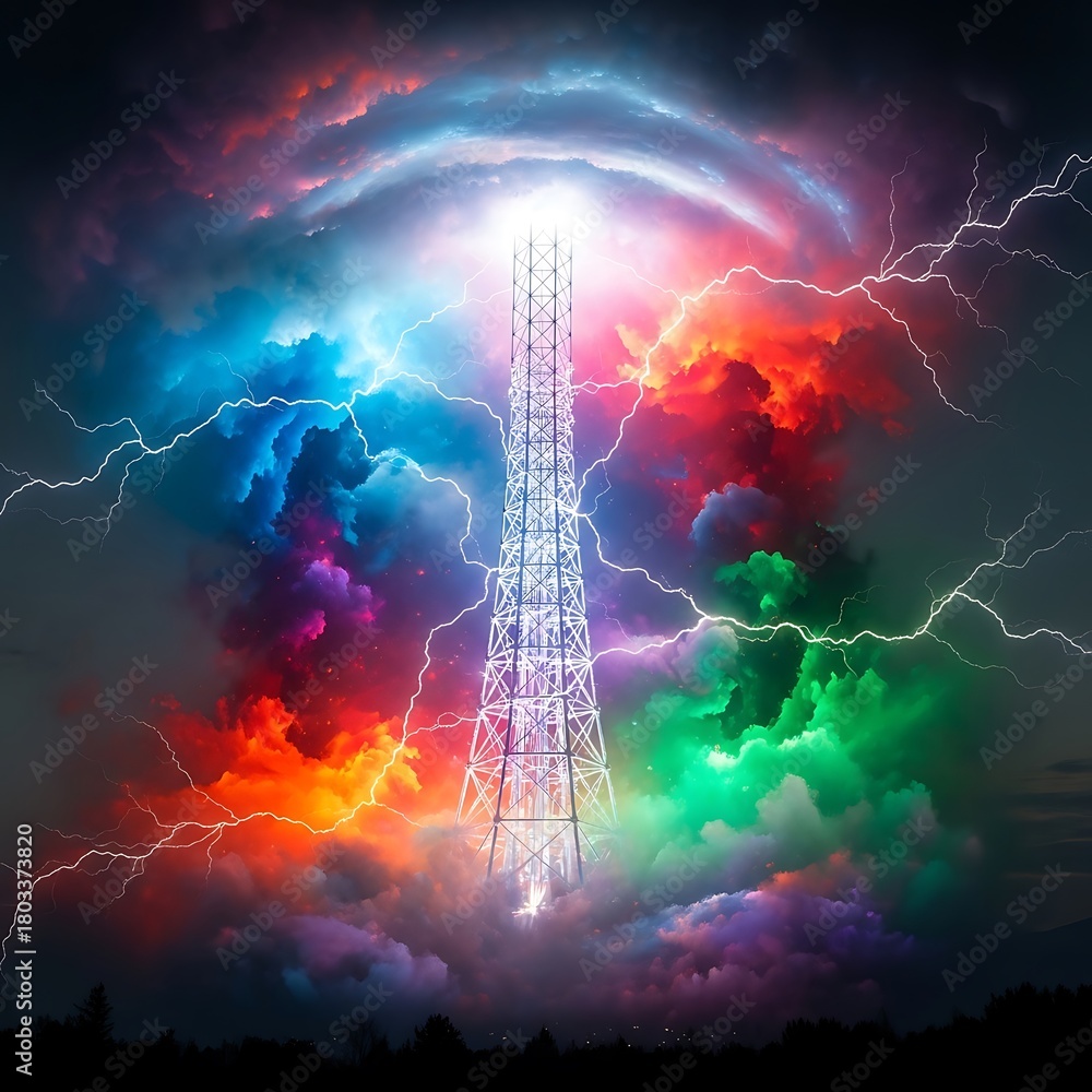 Obraz premium Colorful Lightning Storm Surrounds a Glowing Transmission Tower.