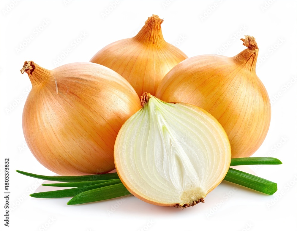 Fototapeta premium Group of golden onions, one cut, with green shoots