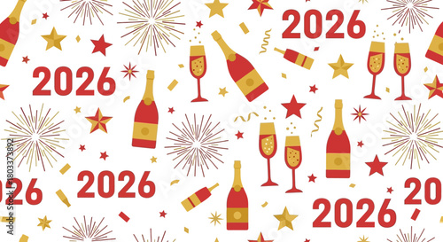 Celebrate 2026 with festive champagne bottles and sparkling stars, perfect for New Year's Eve parties and cheerful event invitations