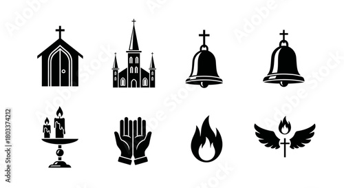 Religious Icons Collection Churches, Bells, Hands, and Spiritual Symbols in Black Silhouette