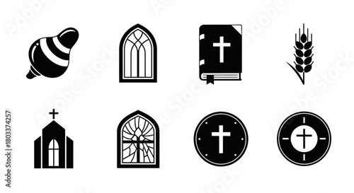 Religious Icon Set Featuring Bible, Church, Communion, and Wheat in Black and White