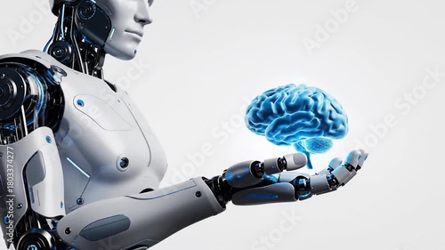 Dynamic AI Robot Displays Luminous Brain, Symbolizing Evolving Human-Machine Intelligence and Future Consciousness