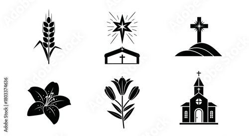 Collection of Symbols Related to Christianity, Faith, and Spiritual Beliefs in Silhouette