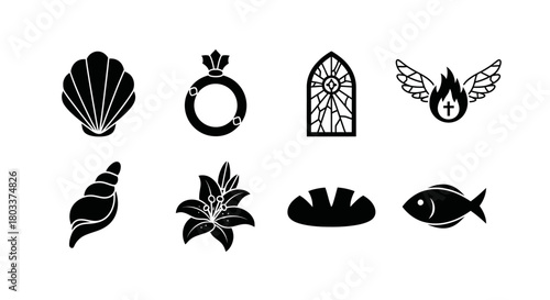 Christian Symbol Set Diverse Icons Representing Faith, Spirituality, and Religious Traditions