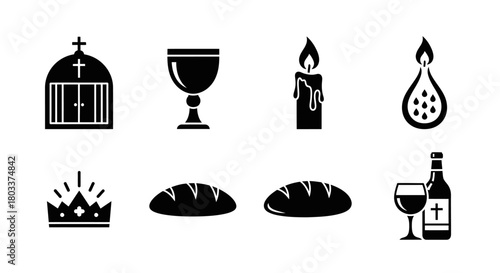 Christian Religious Icons Symbolizing Faith, Eucharist, and Spiritual Life in Minimalist Black