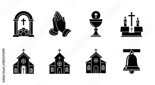 Sacred Christian Religious Elements Prayer Hands, Church, Chalice, Cross, Bell Icon Set