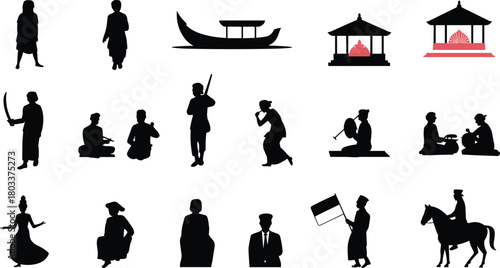 Traditional cultural silhouettes featuring people, temples, boat, and activities, showcasing heritage, rituals, clothing styles, community life, historical illustration elements