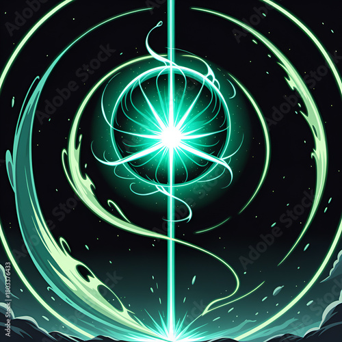 Dynamic energy burst radiates powerful green light creating swirling cosmic vortex against dark night sky